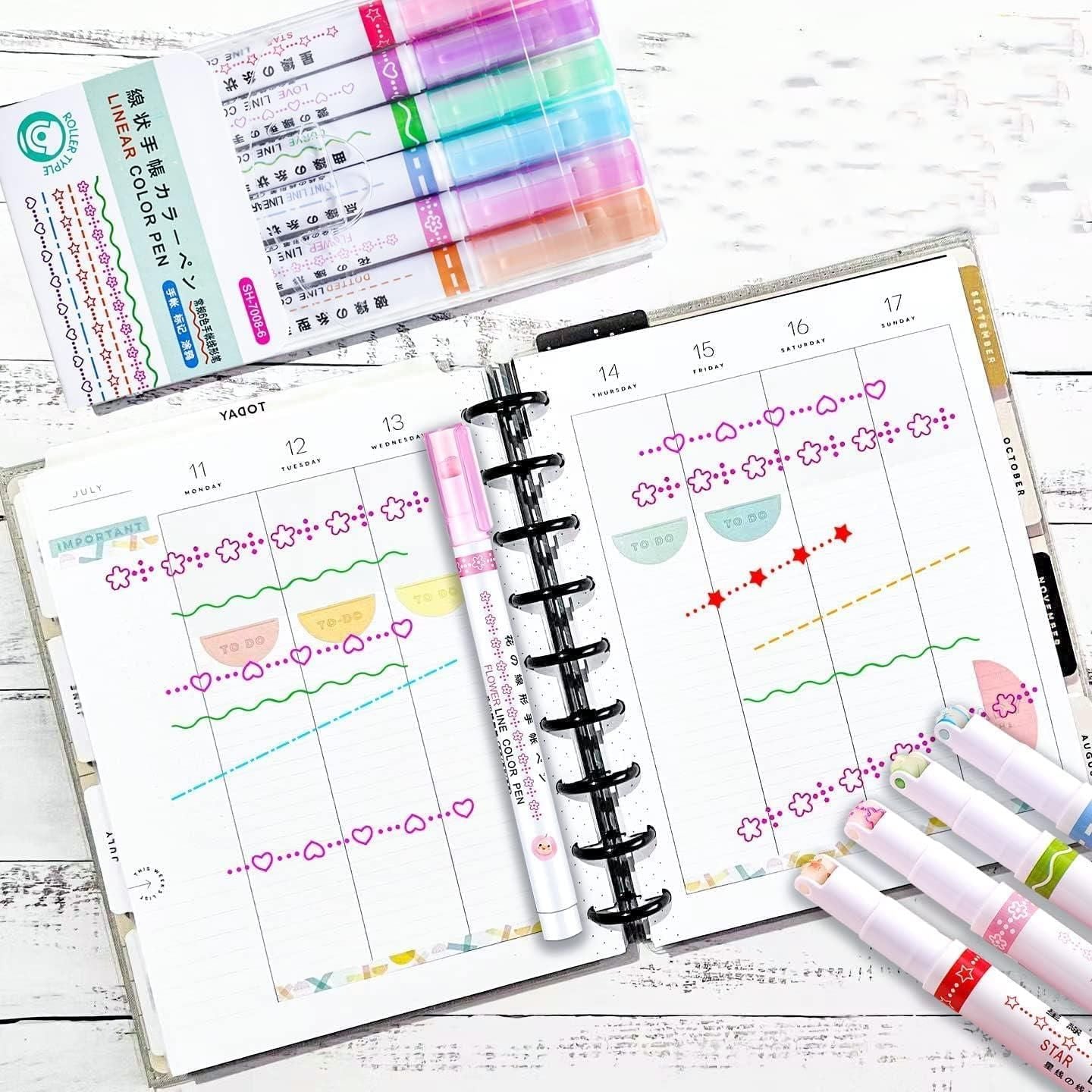 KULTURA® Linear Roller Color Pens Highlighters — 6 Curve Shapes (Set of 6) ✨🖍️
