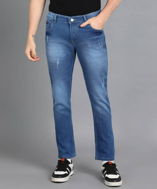 FUDE PRIDE Men's Slim Fit Mid Rise Solid Blue Jeans