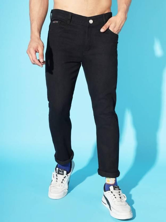 FUDE PRIDE Men's Slim Fit Mid Rise Solid Black Jeans