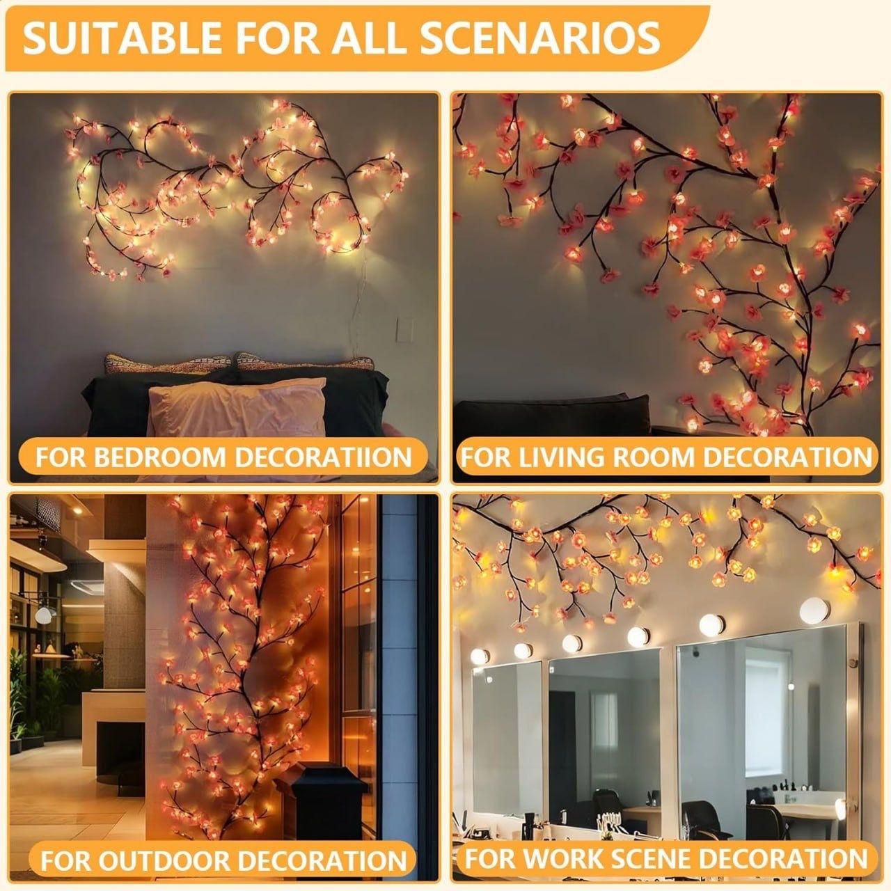 🌸 Cherry Blossom LED Tree Branch Lights 💡 | Flexible USB Powered Decorative Lamp for Home, Bedroom & Festive Décor 🏡✨