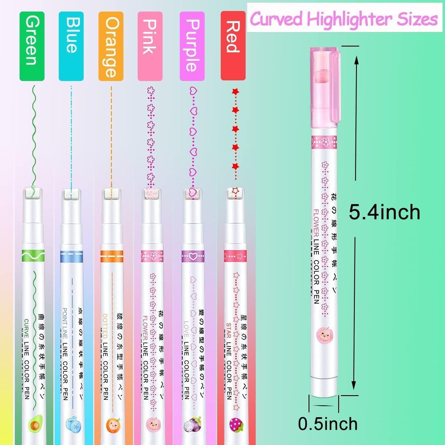 KULTURA® Linear Roller Color Pens Highlighters — 6 Curve Shapes (Set of 6) ✨🖍️