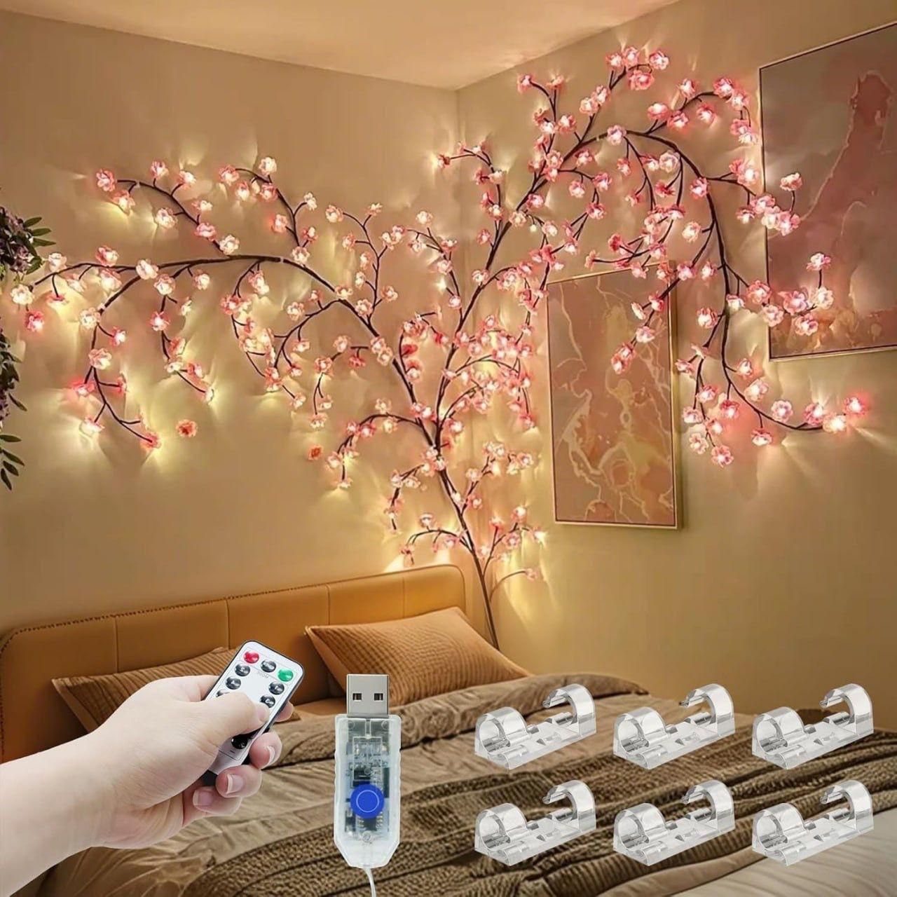 🌸 Cherry Blossom LED Tree Branch Lights 💡 | Flexible USB Powered Decorative Lamp for Home, Bedroom & Festive Décor 🏡✨