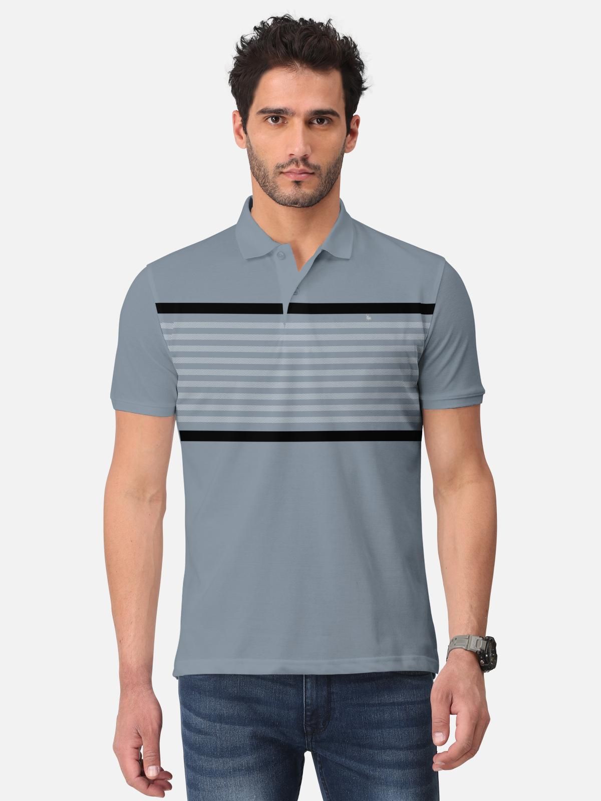 Trendy Stripe Print Cotton Blend  Polo Collar T-Shirt for Men's