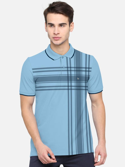 Men's Regular Fit Cotton Blend Stripe Print Polo Neck T-Shirt