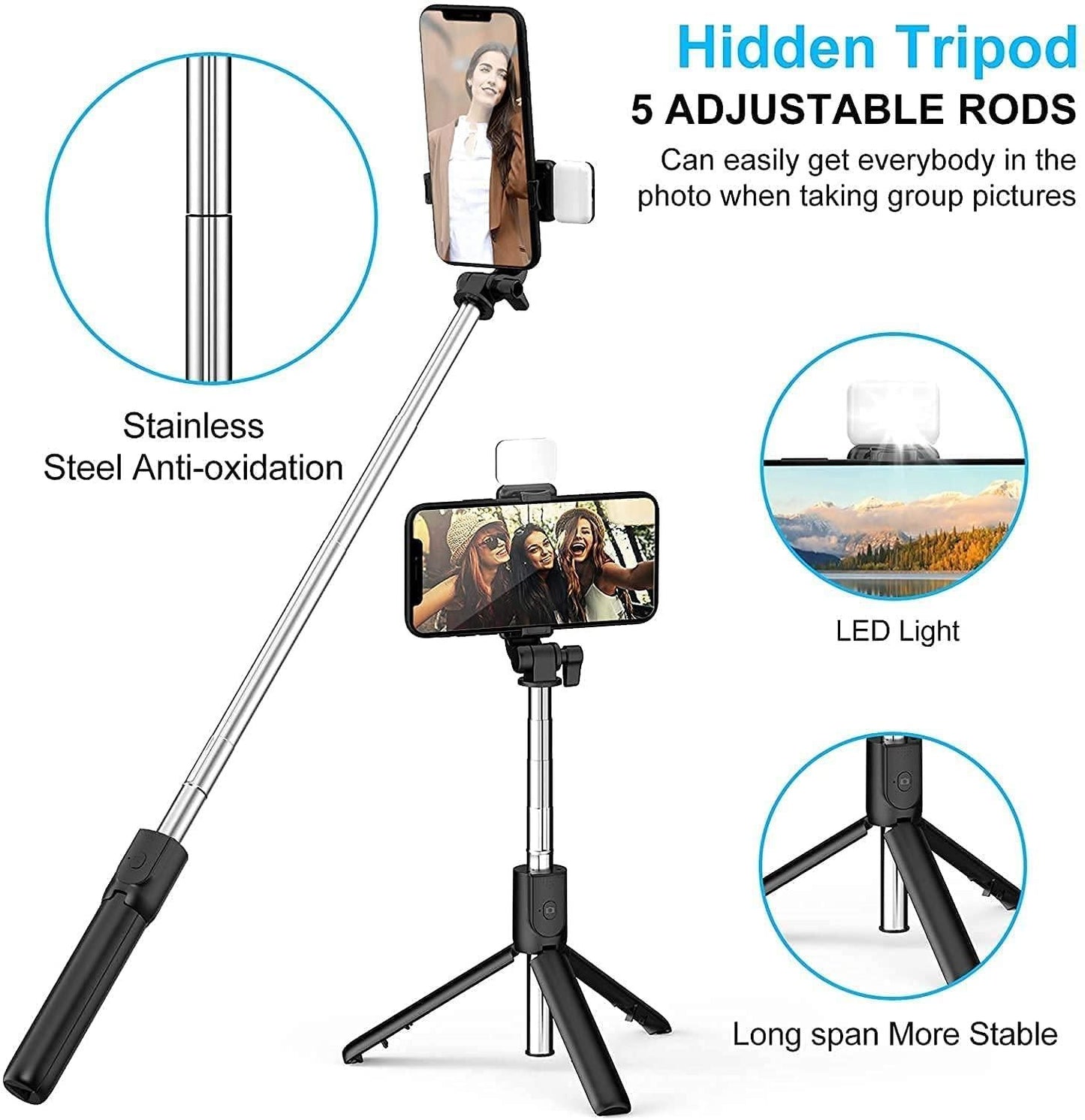 R1s Bluetooth Selfie Sticks with Remote and Selfie Light, 3-in-1 Multifunctional Selfie Stick Tripod Stand Compatible with all mobiles.