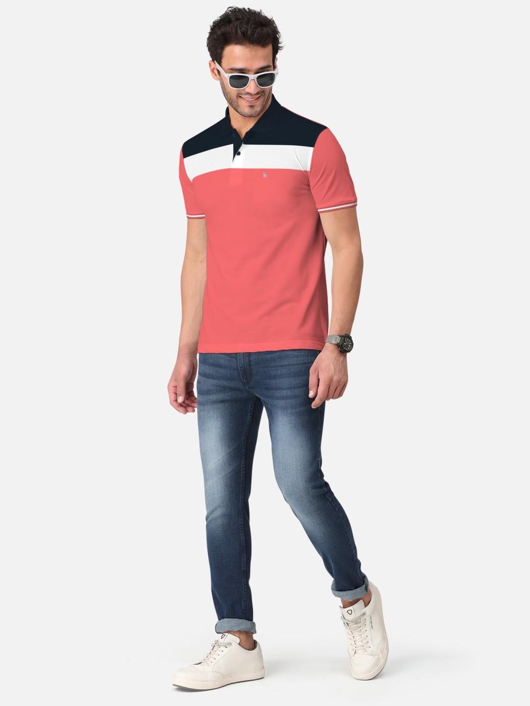 Men's Blended Cotton Colorblock Polo Collar T-Shirt