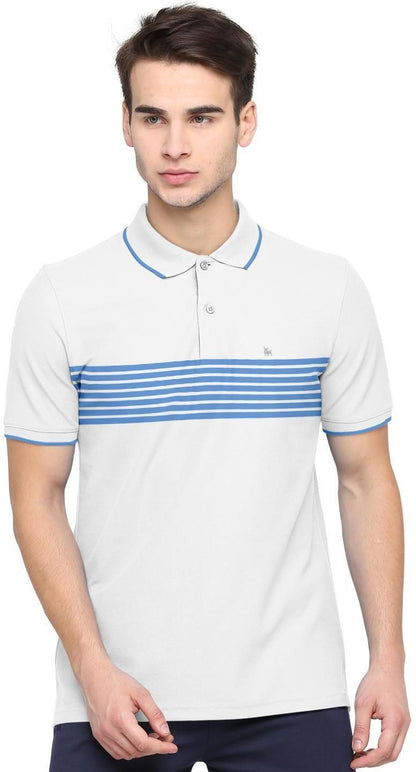 Men's Blended Pure Cotton Stripe Print Polo Collar Tape T-Shirt