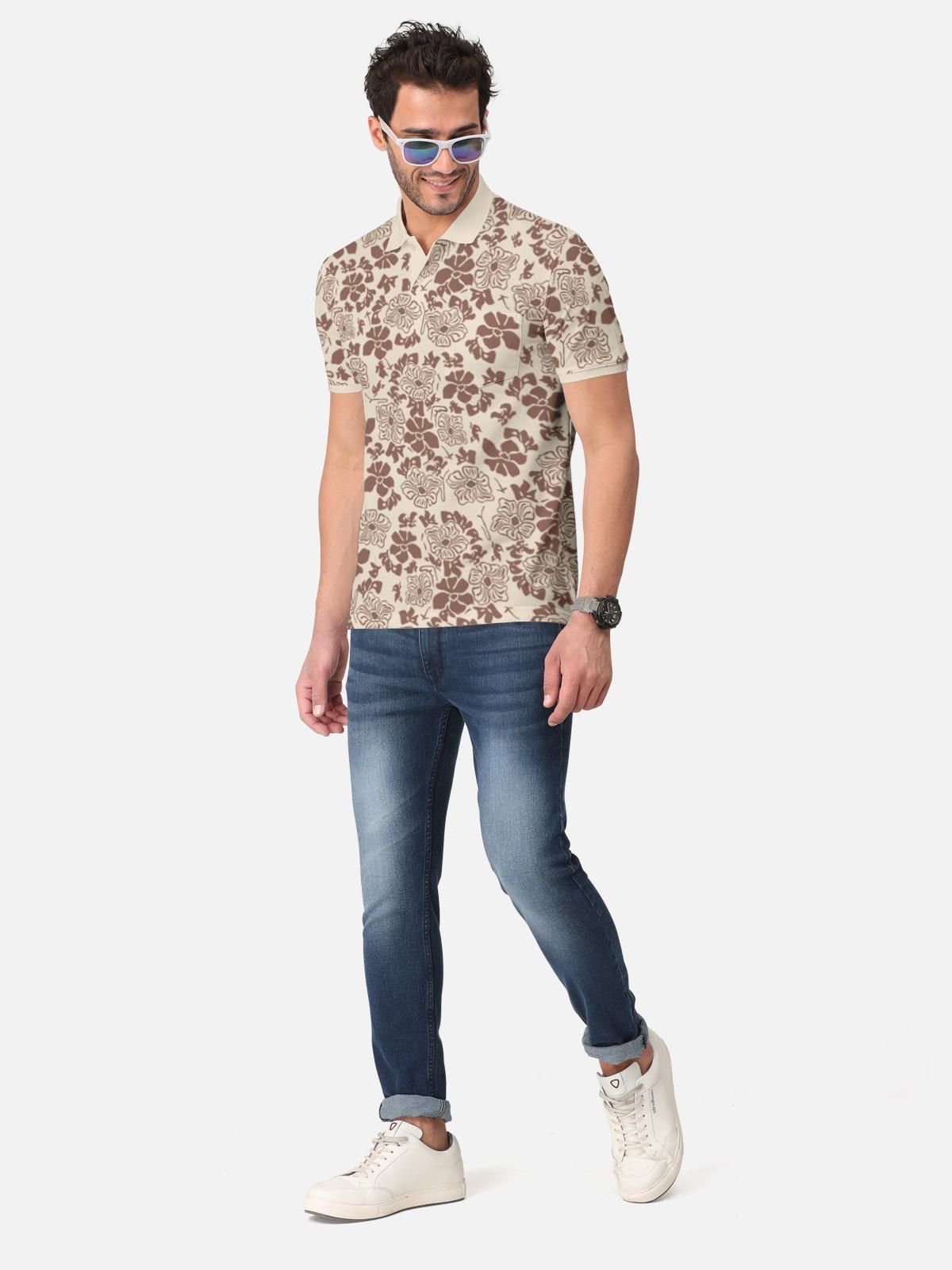 Trendy Cotton Blend Floral Print Polo Neck T-Shirt for Men's