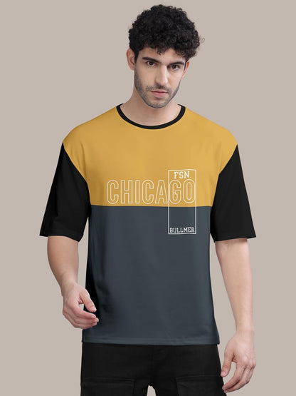 Trendy Cotton Blend Colorblock/Typography Print Oversized T-Shirt for Men's