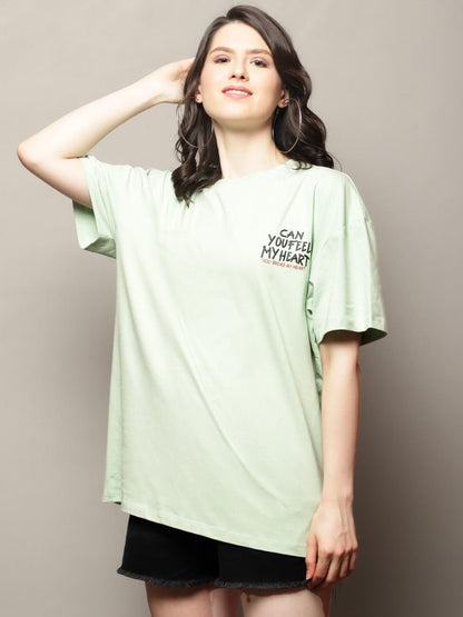 DOOR74 Womens PRINTED GREEN OVERSIZE TSHIRT