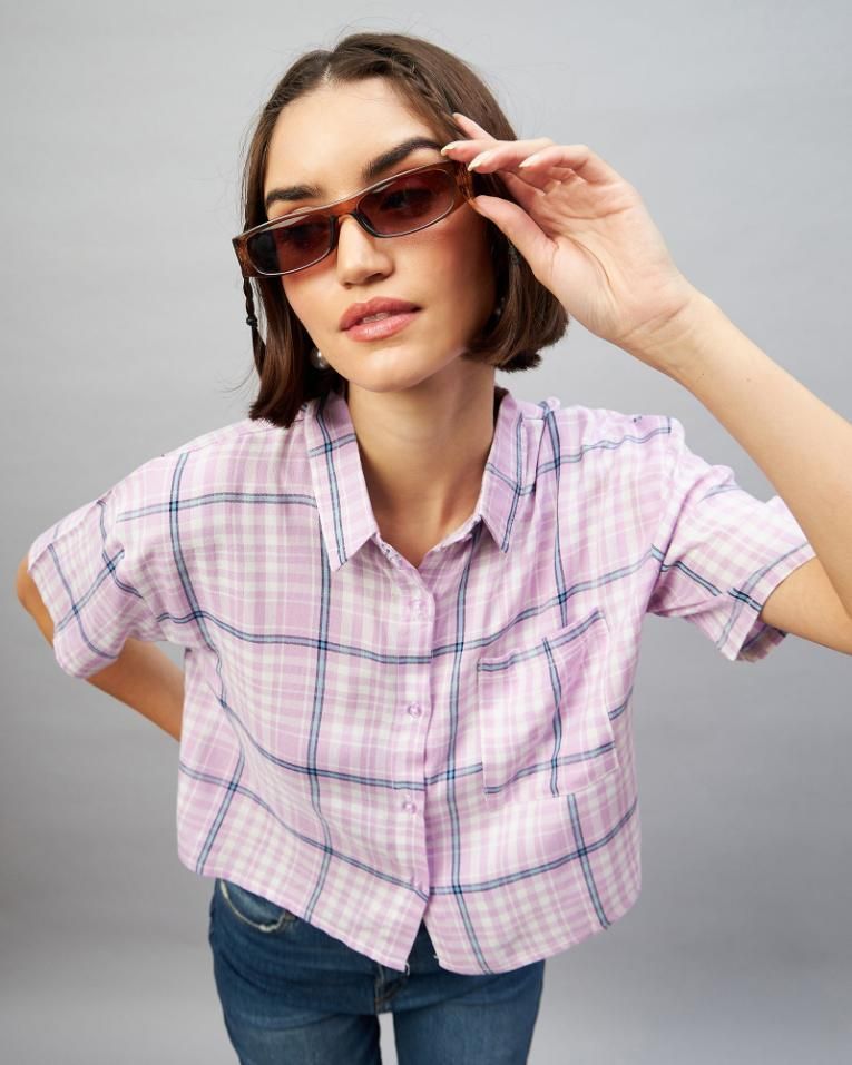 Viscose Checkered Crop Shirt for Women's