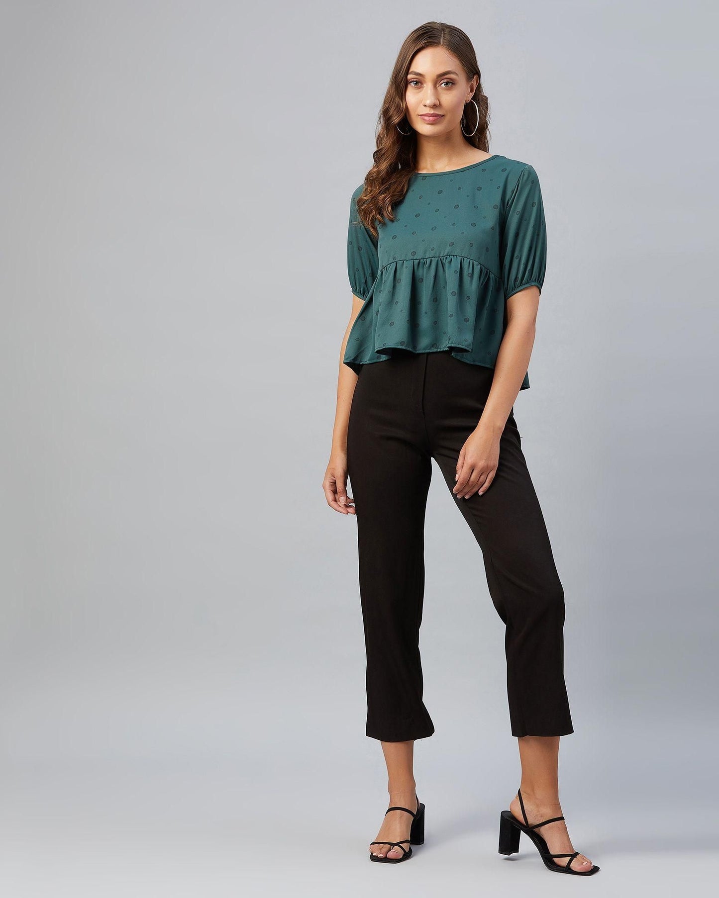 Women's Green Doted Ruffled Style Top