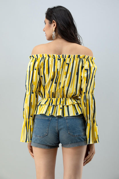 FLAMBOYANT Casual Bell Sleeves Striped Women Yellow Top