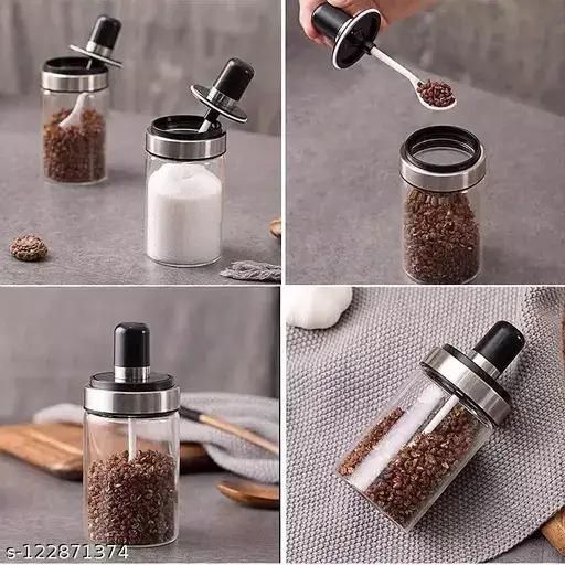 Borosilicate Kitchen Food Storage Pickle Glass Spice Jar Container with Spoon Jar Bottle (Pack of 2)