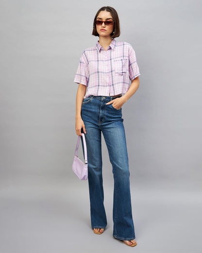 Viscose Checkered Crop Shirt for Women's