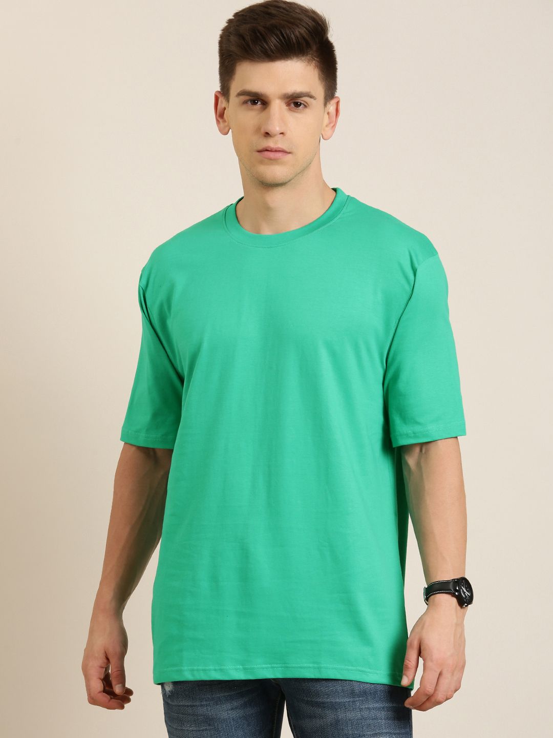 Difference of Opinion Green Solid Oversized T-Shirt