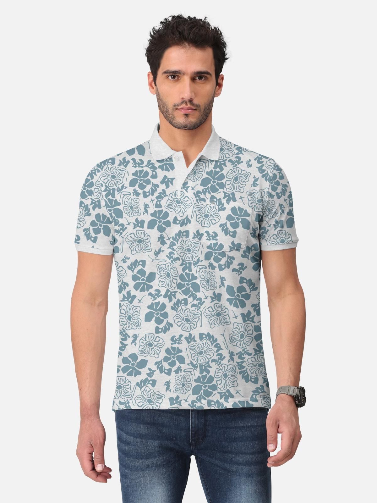 Trendy Cotton Blend Floral Print Polo Neck T-Shirt for Men's