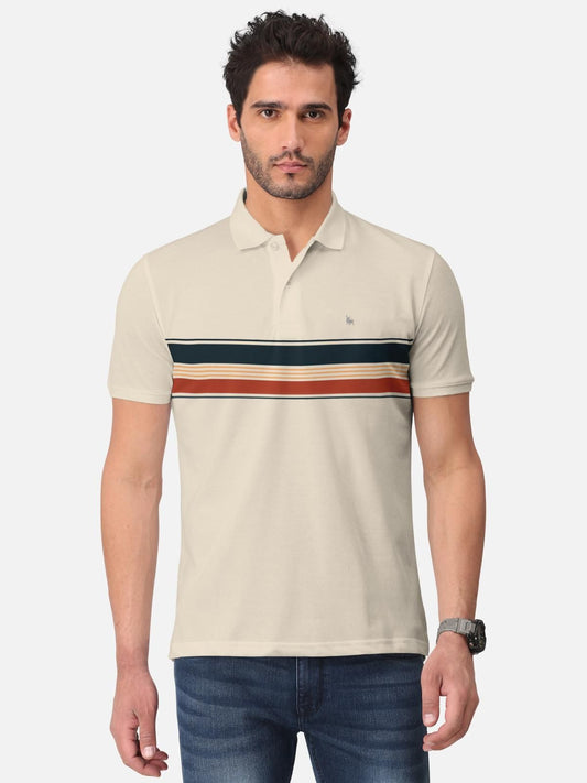 Trendy Stripe Print Cotton Blend  Polo Collar T-Shirt for Men's