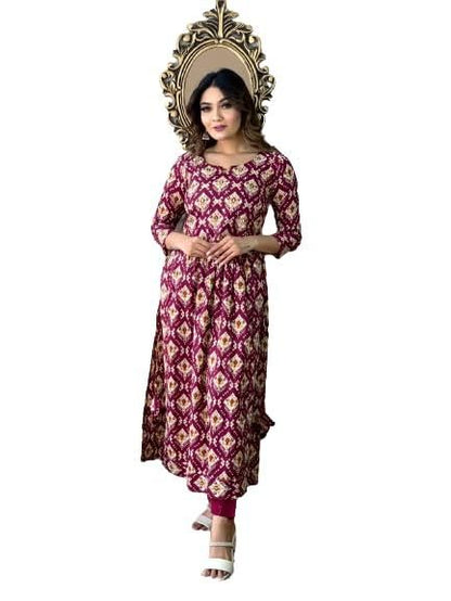 Women Block Print Cotton Rayon Asymmetric Kurta��(Maroon)