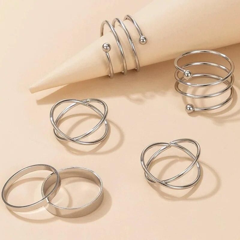 Silver Color Round Hollow Geometric Fashion Cross Twist Open Ring Set Joint (6Pcs)