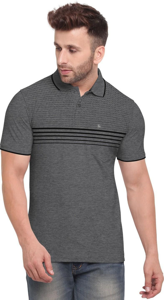 Men's Cotton Blend Front Stripe Print Polo Neck T-Shirt