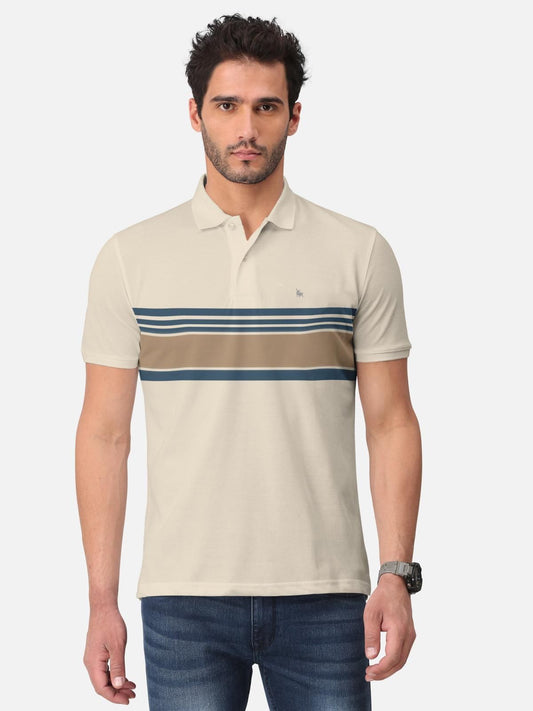 Trendy Stripe Print Cotton Blend  Polo Collar T-Shirt for Men's