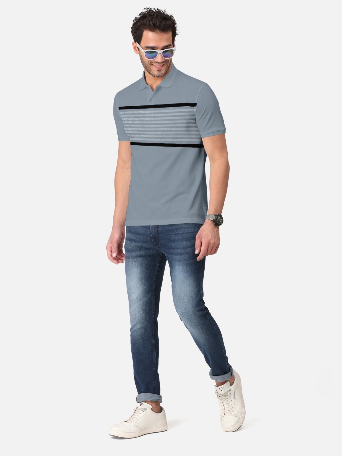 Trendy Stripe Print Cotton Blend  Polo Collar T-Shirt for Men's