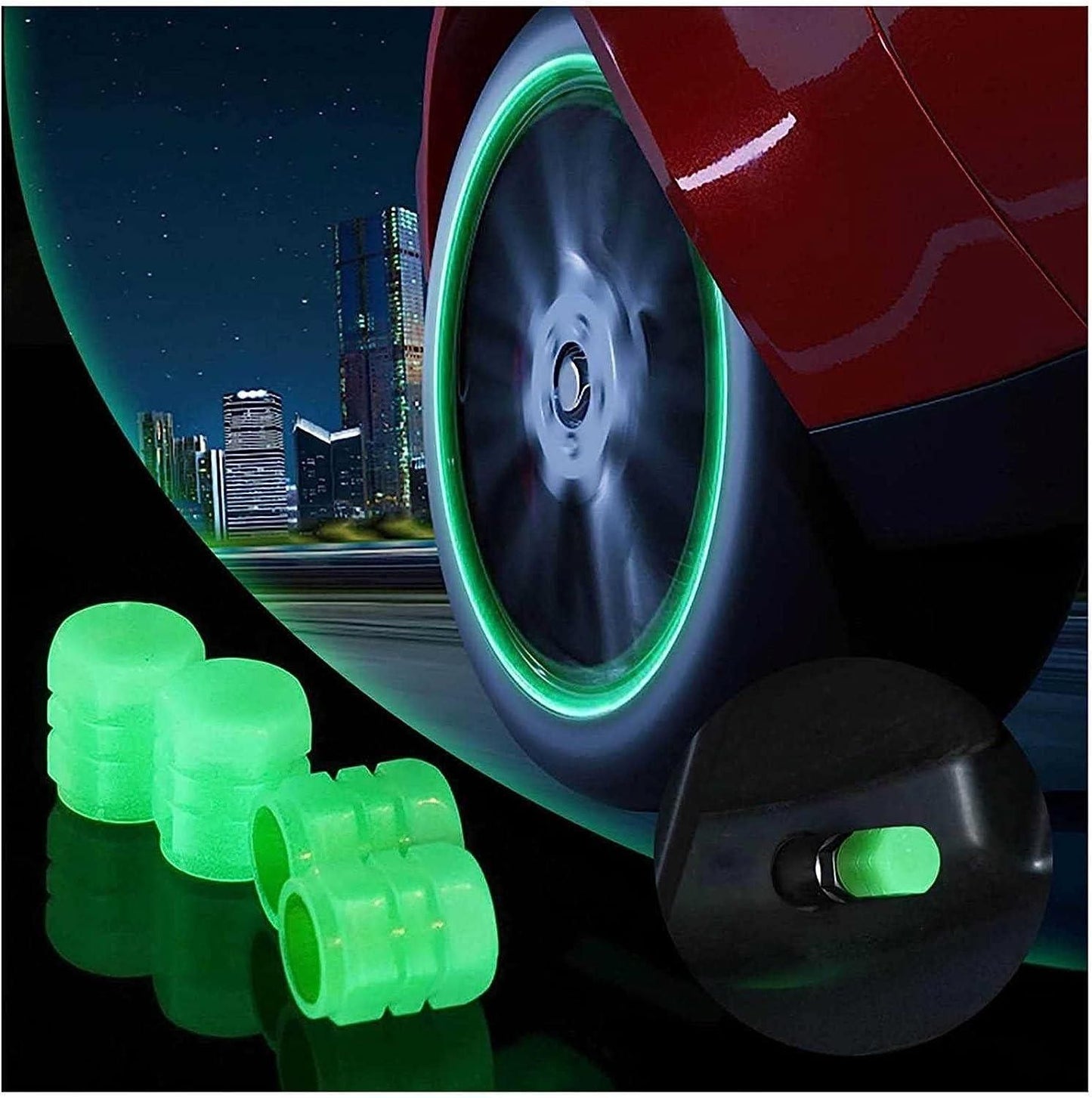 Valve Caps Car/Bike Wheel Tire Rim Air Valve Cap Radium Tyre Air Cover Glow Radium Light Neon (Pack of 4)