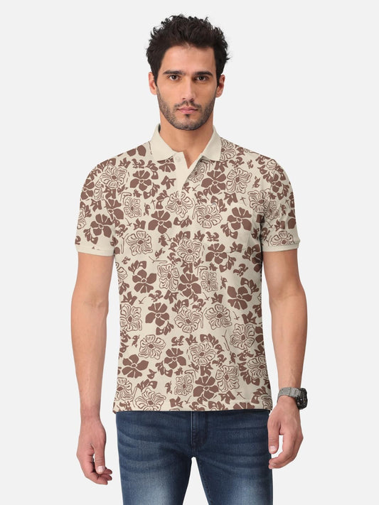 Trendy Cotton Blend Floral Print Polo Neck T-Shirt for Men's