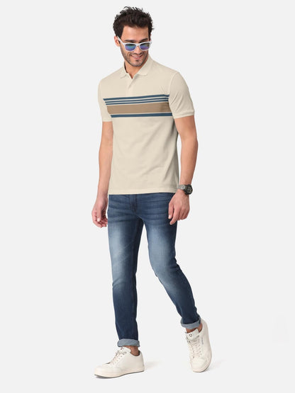 Trendy Stripe Print Cotton Blend  Polo Collar T-Shirt for Men's