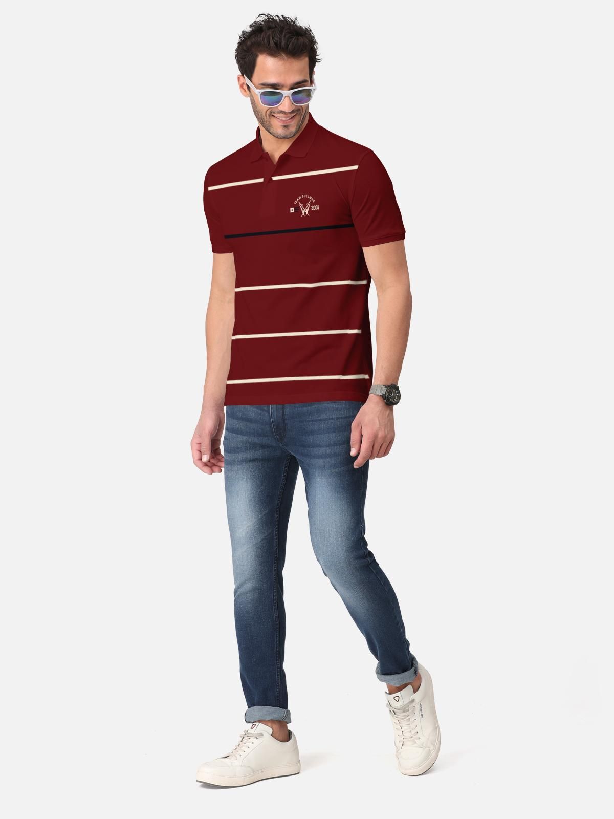 Trendy Stripe Print Cotton Blend  Polo Collar T-Shirt for Men's