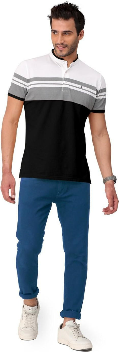 Colorblock/Stripe Blended Cotton Henley Neck T-Shirt for Men's