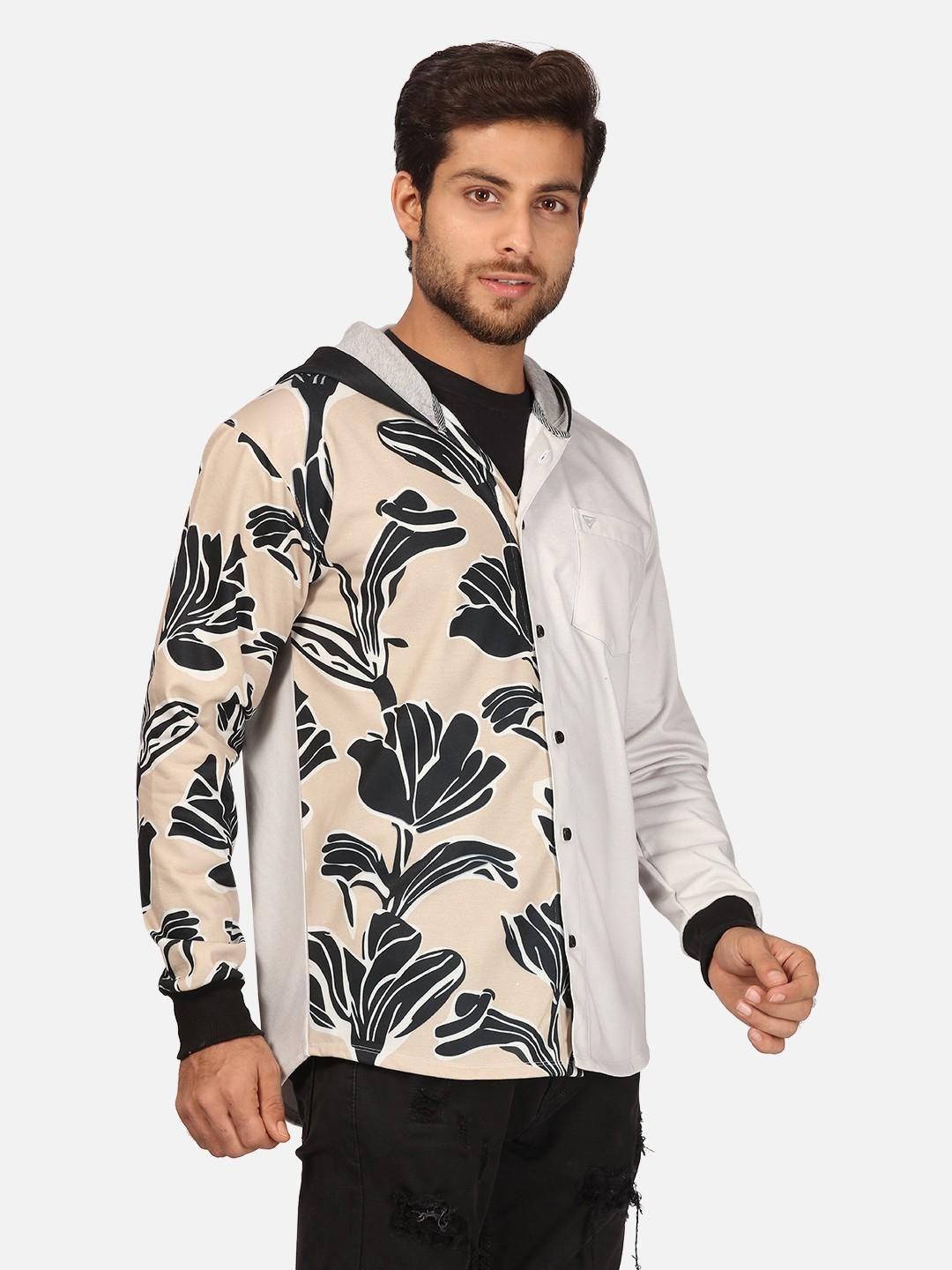 Men's Fleece Half Floral Print Hoodie