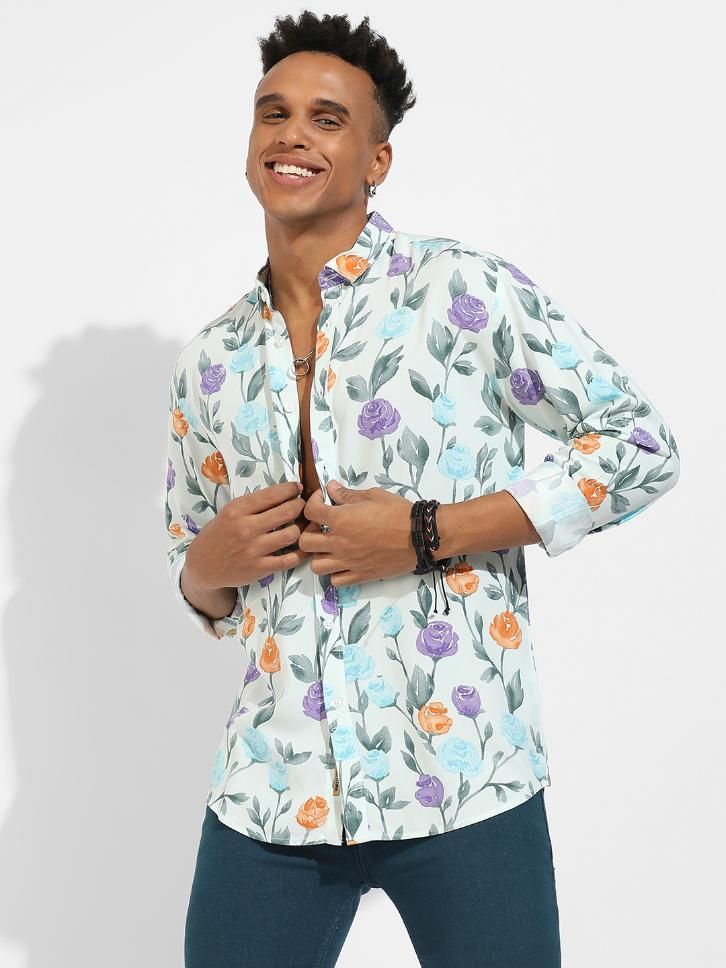 Campus Sutra Men's Rayon Rose Print Button Up Casual Shirt