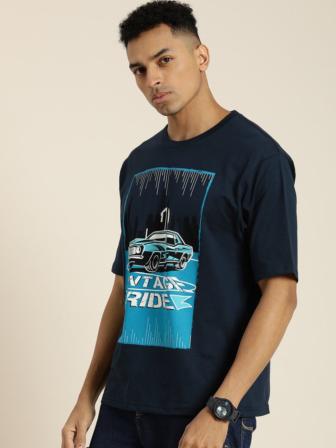 Difference of Opinion Navy Blue Graphic Oversized T-shirt