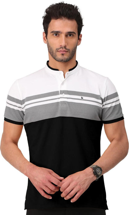 Colorblock/Stripe Blended Cotton Henley Neck T-Shirt for Men's