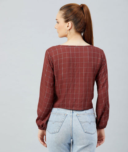 Women's Maroon Checkered Viscose Knotted Top