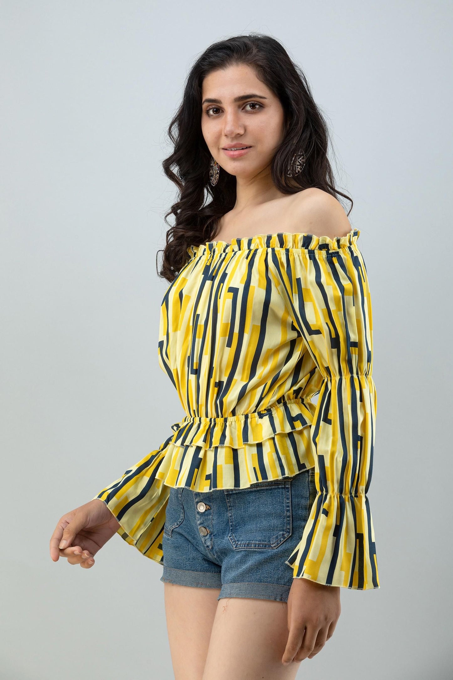 FLAMBOYANT Casual Bell Sleeves Striped Women Yellow Top