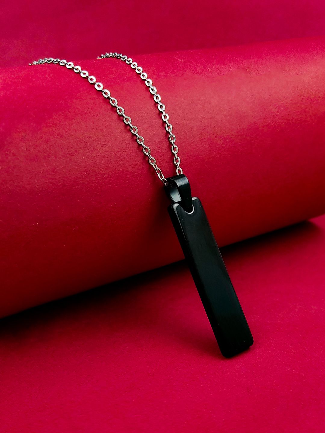 Black Stainless Steel Vertical Bar Pendant adjustable Necklace chain